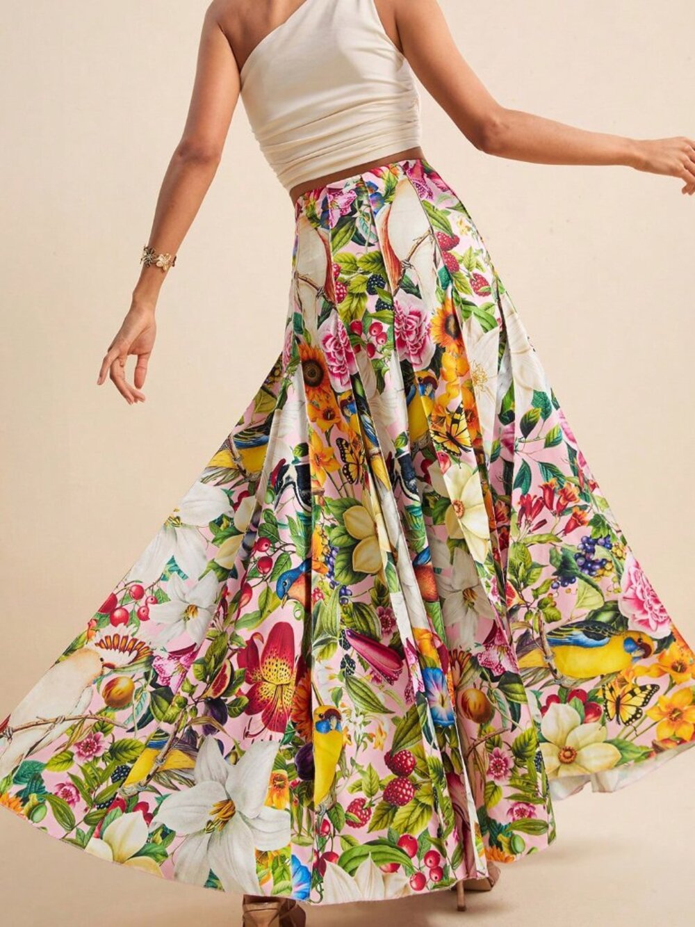 Multicolor Boho Women's Tropical Floral Allover Print Pleated Skirt - Picture 2 of 8
